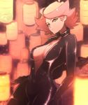  1girl amanda_o&#039;neill artist_name black_bodysuit bodysuit breasts catsuit center_opening green_eyes latex little_witch_academia looking_at_viewer medium_breasts omiza_somi orange_hair short_hair skin_tight solo unzipped 