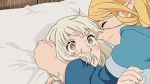  2girls bed blonde_hair blue_capelet blue_dress braid capelet closed_eyes dress dungeon_meshi elf farlyn hug marcille marywhitney multiple_girls pointy_ears smile white_hair wide-eyed yellow_eyes 