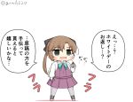  1girl akigumo_(kantai_collection) bandages bottle bow bowtie brown_hair chibi commentary_request drinking_straw energy_drink full_body goma_(yoku_yatta_hou_jane) green_eyes green_neckwear hair_ribbon halterneck kantai_collection lipovitan long_hair open_mouth pantyhose ponytail ribbon school_uniform simple_background solo standing stylus translation_request trembling twitter_username vest wavy_mouth white_background 
