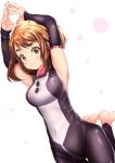  1girl armpits barefoot bodysuit boku_no_hero_academia breasts brown_eyes brown_hair detached_sleeves highres looking_at_viewer mad_(hazukiken) medium_breasts short_hair sidelocks simple_background smile solo thick_eyebrows uraraka_ochako white_background 