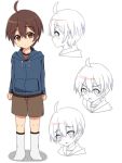  1boy ahoge brown_eyes brown_hair character_sheet eyebrows_visible_through_hair full_body hair_between_eyes highres hood hoodie looking_at_viewer male_focus meranoreuka_(naokentak) original shorts socks solo white_legwear 