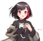  1girl animal animal_ear_fluff bang_dream! bangs black_hair black_sweater blue_eyes blush cat earrings eyebrows_visible_through_hair hair_ornament hairclip highres holding holding_animal holding_cat jewelry kaeru_neko long_sleeves looking_at_viewer mitake_ran multicolored_hair open_mouth redhead shawl short_hair simple_background sleeves_past_wrists solo streaked_hair sweater twitter_username upper_body violet_eyes whiskers white_background white_cat x_hair_ornament 