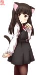  1girl alternate_costume animal_ears artist_logo bangs black_dress black_hair black_legwear blunt_bangs blush brown_eyes cat_ears cat_tail commentary_request cowboy_shot dated dress hatsuyuki_(kantai_collection) highres hime_cut kanon_(kurogane_knights) kantai_collection long_hair long_sleeves pantyhose paw_pose shirt simple_background tail white_background white_shirt 