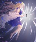  1girl abigail_williams_(fate/grand_order) bangs bare_shoulders barefoot blonde_hair blue_bow blue_dress blue_eyes bow breasts bug butterfly dress fate/grand_order fate_(series) feet forehead full_body gown hair_bow insect keyhole legs long_hair off_shoulder open_mouth parted_bangs sanka_tan small_breasts solo type-moon ufotable 