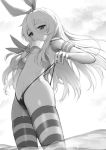  1girl absurdres bikini_bottom blush breasts clouds crop_top crop_top_overhang day elbow_gloves from_below gloves greyscale hair_ribbon highres kantai_collection long_hair looking_at_viewer medium_breasts mole mole_on_breast monochrome neckerchief no_pants outdoors parted_lips ribbon shimakaze_(kantai_collection) shirt sky sleeveless sleeveless_shirt small_breasts solo standing stomach striped striped_legwear thigh-highs thong tttanggvl under_boob upshirt very_long_hair water 