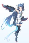  1girl aqua_neckwear bangs bare_shoulders blue_gloves blue_legwear clenched_hand commentary_request elbow_gloves eyebrows_visible_through_hair gloves gradient_hair hair_between_eyes hair_flaps hair_ornament hair_ribbon hairclip highres kantai_collection knee_up long_hair looking_at_viewer minosu multicolored_hair neckerchief open_mouth original_remodel_(kantai_collection) outstretched_arm pose ribbon rigging sailor_collar samidare_(kantai_collection) shirt simple_background skirt sleeveless sleeveless_shirt solo swept_bangs thigh-highs very_long_hair white_background white_serafuku white_skirt zettai_ryouiki 