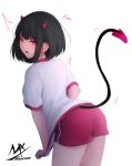  /\/\/\ 1girl arched_back ass bangs black_hair blush demon_girl demon_horns demon_tail eyebrows_visible_through_hair fang flying_sweatdrops gym_shirt gym_shorts gym_uniform highres horns leaning_forward open_mouth original red_eyes red_shorts shimmer shirt short_hair short_shorts short_sleeves shorts signature simple_background solo tail tail_raised v-shaped_eyebrows white_background white_shirt 