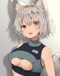  1girl animal_ears barcode blush breasts fang grey_background highres inubashiri_momiji large_breasts looking_at_viewer mamemochi name_tag open_mouth red_eyes short_hair silver_hair smile tail touhou upper_body vest wolf_ears wolf_tail 