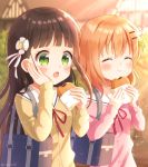  2girls artist_name bag blush brown_hair closed_mouth duffel_bag eating facing_away flower food food_request gochuumon_wa_usagi_desu_ka? green_eyes hair_flower hair_ornament hairclip holding holding_food hoto_cocoa long_hair long_sleeves looking_away mozukun43 multiple_girls open_mouth short_hair twitter_username ujimatsu_chiya violet_eyes 