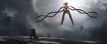  1other absurdres asteroid_ill backlighting clouds cloudy_sky deoxys deoxys_(normal) floating gen_3_pokemon grass hat highres kneeling legendary_pokemon pokemon pokemon_(creature) rock sky zigzagoon 