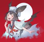  1girl absurdres animal_ears bag bat_ears bat_wings blush brown_hair fangs fingernails hat highres light_blush open_mouth original red_background red_eyes red_neckwear short_hair simple_background smile solo ssangbong-llama teeth tongue upper_body upper_teeth w white_headwear wings 