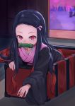  1girl bit_gag black_hair gag hair_ribbon hank10111213 japanese_clothes kamado_nezuko kimetsu_no_yaiba kimono long_hair looking_at_viewer multicolored_hair pink_eyes pink_kimono pink_ribbon ribbon solo two-tone_hair very_long_hair 