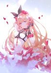  1girl black_gloves blonde_hair blue_eyes bow clarisse_(granblue_fantasy) dress earrings frilled_dress frills gloves granblue_fantasy hair_bow headband jewelry long_hair petals sleeveless sleeveless_dress smile solo vienri 