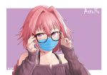  1boy absurdres astolfo_(fate) blush bra_strap character_name collarbone commentary_request eyebrows_visible_through_hair fate/grand_order fate_(series) glasses hair_between_eyes hands_up highres jtleeklm long_sleeves male_focus mask mouth_mask open_mouth pink_background pink_eyes pink_hair pink_shirt shirt short_hair simple_background smile solo white_background 