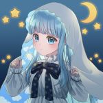  1girl arms_up bangs blue_eyes blue_hair blush closed_mouth clouds dress gradient gradient_background highres long_hair moon original ribbon smile solo spark845 star star_(sky) sun 