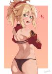  1girl anger_vein artist_name ass bangs bare_shoulders black_panties blonde_hair blush braid breasts commentary darahan detached_sleeves eyebrows_visible_through_hair fang fate/apocrypha fate_(series) from_behind green_eyes long_hair looking_at_viewer mordred_(fate) mordred_(fate)_(all) open_mouth panties ponytail red_sleeves solo underwear 