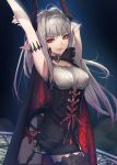 1girl arm_behind_head arm_up armband bangs black_cape black_legwear black_panties bug butterfly cape corset highres horns insect long_hair novelia original panties red_eyes silver_hair sleeveless slit_pupils smile solo stretch thigh-highs underwear vampire 