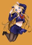  1girl abigail_williams_(fate/grand_order) alternate_costume bangs bebe_pp black_legwear blonde_hair blue_bow blue_eyes blue_serafuku blush bow breasts crop_top crop_top_overhang fate/grand_order fate_(series) forehead highres legs long_hair long_sleeves looking_at_viewer midriff miniskirt navel neckerchief open_mouth orange_bow pantyhose parted_bangs pleated_skirt red_neckwear sailor_collar school_uniform serafuku simple_background skirt small_breasts solo stomach yellow_background 