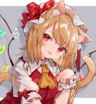  1girl :p animal_ear_fluff animal_ears ascot bangs blonde_hair blush border bow cat_ears cat_tail commentary_request crystal drop_shadow eyebrows_visible_through_hair flandre_scarlet frilled_shirt_collar frills grey_background hand_up hat hat_bow head_tilt highres kemonomimi_mode long_hair looking_at_viewer mob_cap mokyuko one_side_up outside_border paw_pose puffy_short_sleeves puffy_sleeves red_bow red_eyes red_vest shirt short_sleeves smile solo tail tongue tongue_out touhou upper_body vest white_border white_headwear white_shirt wings wrist_cuffs yellow_neckwear 