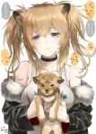  1girl alternate_hairstyle animal animal_ears arknights artist_name bangs bare_shoulders black_choker black_jacket blonde_hair blush breasts brown_eyes candy choker collarbone commentary_request eyebrows_visible_through_hair food fur-trimmed_jacket fur_trim hair_between_eyes holding holding_animal holding_food jacket large_breasts lion lion_cub lion_ears lollipop long_hair long_sleeves looking_at_viewer off_shoulder sidelocks siege_(arknights) speech_bubble tank_top tooka translation_request twintails twitter_username upper_body white_tank_top 