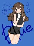  1girl black_dress blue_(pokemon) blue_background blue_eyes breasts brown_hair character_name closed_mouth dress earrings gloves jewelry long_hair looking_at_viewer mokorei pokemon pokemon_special simple_background sleeveless smile solo 