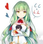  1boy 1girl absurdres bangs blush breasts c.c. chibi closed_mouth code_geass commentary expressionless eyebrows_visible_through_hair gloves green_hair heart highres hug large_breasts lelouch_lamperouge long_hair long_sleeves looking_at_viewer simple_background smile solo thigh-highs upper_body white_background white_gloves yaya_chan yellow_eyes 