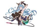  1girl absurdres animal_ears arm_up armpits backless_dress backless_outfit bangs black_footwear black_gloves black_legwear blue_hair blue_skirt boots breasts dress elbow_gloves erune ferry_(granblue_fantasy) flask frilled_gloves frills gloves granblue_fantasy hair_between_eyes highres holding_whip jikatarou knee_boots long_hair looking_at_viewer medium_breasts open_mouth rabbit_ears round-bottom_flask sideboob simple_background skirt solo thigh-highs thighhighs_under_boots very_long_hair wavy_hair whip white_background yellow_eyes 