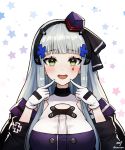  1girl artist_name bangs blunt_bangs blush breasts eyebrows_visible_through_hair girls_frontline gloves green_eyes grey_hair hk416_(girls_frontline) large_breasts long_hair long_sleeves looking_at_viewer noixen open_mouth smile solo twitter_username upper_body white_gloves 