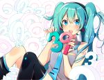  1girl 39 :o aqua_hair aqua_nails aqua_neckwear asagao_minoru asymmetrical_legwear bangs bare_arms bare_shoulders black_legwear blue_eyes collared_shirt eyebrows_visible_through_hair fingernails frilled_shirt frills grey_shirt hatsune_miku headphones highres holding knee_up kneehighs long_fingernails long_hair looking_at_viewer multicolored multicolored_nails nail_polish necktie number open_mouth pink_nails round_teeth shirt single_kneehigh single_thighhigh sitting sleeveless sleeveless_shirt solo teeth thigh-highs twintails upper_teeth very_long_hair vocaloid 