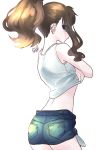  1girl blue_eyes brown_hair closed_mouth curly_hair cutoffs denim denim_shorts exposed_pocket high_ponytail highres long_hair minapo pokemon pokemon_(game) pokemon_bw ponytail shirt short_shorts shorts simple_background sleeveless sleeveless_shirt solo standing tank_top touko_(pokemon) undressing white_background white_shirt 