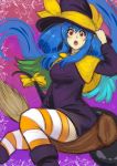  1girl asymmetrical_wings blue_hair breasts cubehero dizzy_(guilty_gear) guilty_gear guilty_gear_xrd guilty_gear_xx hair_ribbon hat long_hair red_eyes ribbon solo striped striped_legwear tail tail_ribbon thick_thighs thighs wings witch witch_hat 