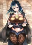  1girl absurdres alternate_breast_size armor ass_visible_through_thighs bangs between_breasts black_armor black_cape black_shorts blue_eyes blue_hair breasts brick_wall brown_legwear byleth_(fire_emblem) byleth_eisner_(female) cape closed_mouth commentary_request cowboy_shot detached_collar emblem eyebrows_visible_through_hair fire_emblem fire_emblem:_three_houses frown groin hair_between_eyes head_tilt highres holding_pointer huge_breasts looking_at_viewer medium_hair midriff navel pantyhose patterned_clothing pointer short_shorts shorts shoulder_pads sidelocks solo sparkle standing tassel tea_texiamato thigh_gap wrist_guards 