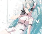  1girl animal bangs black_gloves blue_hair blush bug butterfly closed_eyes closed_mouth flower gloves glowing hair_between_eyes hamuna_(hamuna_86) hand_up hatsune_miku headphones highres insect jumpsuit long_hair rose short_jumpsuit short_sleeves smile solo very_long_hair vocaloid white_flower white_jumpsuit white_rose 