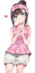  1girl absurdres aqua_eyes black_hair blush bow eyebrows_visible_through_hair hand_up happy head_tilt heart highres kurosawa_dia looking_at_viewer love_live! love_live!_school_idol_project love_live!_sunshine!! mole mole_under_mouth pink_bow pink_shirt polka_dot polka_dot_shirt shirt shorts smile solo tagme tem10 tied_hair white_background white_shorts 