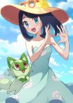  1girl bare_shoulders black_hair blue_dress blue_eyes blue_sky clouds dress eyewear_on_head hair_ornament haru_(haruxxe) hat heart heart_hands highres liko_(pokemon) open_mouth patterned_clothing pokemon pokemon_(anime) pokemon_(creature) short_hair sky sleeveless sleeveless_dress sprigatito sun_hat sunglasses 