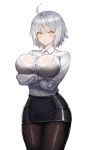 1girl absurdres ahoge arms_under_breasts bangs black_bra black_legwear blush bra breasts collared_shirt cowboy_shot crossed_arms dress_shirt fate/grand_order fate_(series) hair_between_eyes highres jeanne_d&#039;arc_(alter)_(fate) jeanne_d&#039;arc_(fate)_(all) lace lace_bra large_breasts looking_at_viewer miniskirt office_lady open_mouth pale_skin pantyhose pencil_skirt see-through shirt short_hair silver_hair skirt thighs underwear white_shirt ye yellow_eyes 