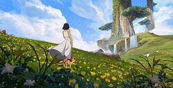  1girl agrafl bird black_hair cat clouds cloudy_sky commentary dress english_commentary field flock flower flower_field from_behind grass highres landscape long_dress nature original outdoors parody scenery short_hair sky studio_ghibli style_parody summer sundress tree very_wide_shot water white_dress wide_shot 