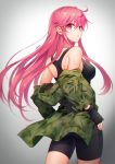  1girl ass bike_shorts black_gloves breasts fingerless_gloves gloves hair_between_eyes highres jewelry long_hair looking_at_viewer milcho military military_uniform necklace original pink_eyes pink_hair solo tank_top uniform 