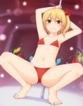  1girl ahoge armpits arms_up bangs bare_arms bare_legs bare_shoulders barefoot bikini blonde_hair blush breasts collarbone commentary_request crystal flandre_scarlet hair_between_eyes hair_ribbon lens_flare looking_at_viewer miyo_(ranthath) navel one_side_up pole pole_dancing red_bikini red_eyes red_ribbon ribbon short_hair small_breasts smile solo spread_legs squatting stomach swimsuit thighs touhou wings 