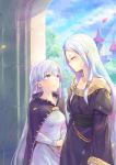  2girls blue_eyes blue_sky breasts cape castle clouds collarbone commentary_request dress fire_emblem fire_emblem:_the_binding_blade idunn_(fire_emblem) leaf long_hair looking_at_another medium_breasts multiple_girls off-shoulder_dress off_shoulder piggybank_(pixiv) pointy_ears purple_cape purple_dress purple_hair sky sophia_(fire_emblem) very_long_hair violet_eyes 