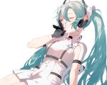  1girl animal bangs black_gloves blue_hair blush bug butterfly closed_eyes closed_mouth flower gloves glowing hair_between_eyes hamuna_(hamuna_86) hand_up hatsune_miku headphones highres insect jumpsuit long_hair short_jumpsuit short_sleeves simple_background smile solo very_long_hair vocaloid white_background white_flower white_jumpsuit 