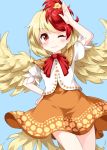  1girl animal_on_head arm_up bird blonde_hair blue_background cardigan chick closed_mouth cowboy_shot dress eyebrows_visible_through_hair feathered_wings hand_on_hip highres multicolored_hair niwatari_kutaka on_head one_eye_closed orange_dress redhead ruu_(tksymkw) short_sleeves simple_background solo tail_feathers touhou two-tone_hair wings yellow_wings 