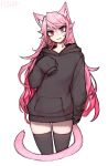  1girl absurdres animal_ear_fluff animal_ears artist_name black_legwear cat_ears cat_girl cat_tail commentary cropped_legs hand_up head_tilt highres hood hood_down hoodie light_smile long_hair looking_at_viewer matilda_fiship original pink_eyes pink_hair simple_background sleeves_past_fingers sleeves_past_wrists solo tail thigh-highs very_long_hair watermark white_background 