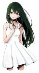  1girl asukai_kiki dress green_eyes green_hair hand_up id_:invaded long_hair looking_at_viewer simple_background solo standing very_long_hair wanzimiaomiao white_background white_dress 