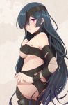  1girl ass bangs bare_shoulders black_hair black_ribbon blush breasts closed_mouth eyepatch fate/grand_order fate_(series) fishnets hair_over_one_eye highres long_hair looking_at_viewer looking_back medium_breasts mochizuki_chiyome_(fate/grand_order) ribbon smile snake_tattoo solo under_boob unlock-creed very_long_hair violet_eyes 