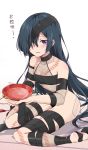  1girl alcohol bangs bare_shoulders black_hair black_ribbon blush breasts collarbone cup eyepatch fate/grand_order fate_(series) fishnets hair_over_one_eye highres legs long_hair looking_at_viewer mochizuki_chiyome_(fate/grand_order) open_mouth ribbon sakazuki sake simple_background sitting small_breasts smile snake_tattoo solo translation_request unlock-creed very_long_hair violet_eyes wariza white_background 