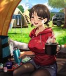  1girl blush breasts brown_eyes brown_hair coffee_mug commentary_request cup day denim denim_shorts flask grass hood hood_down hoodie large_breasts looking_at_viewer low_twintails mountainous_horizon mug nature original outdoors outstretched_hand pantyhose samemanma scenery seiza short_twintails shorts sitting solo_focus steam tent twintails 