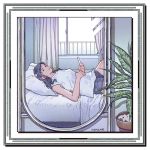  1girl artist_name bed black_hair blue_shorts curtains expressionless hand_on_own_stomach holding holding_phone long_hair looking_at_viewer lying on_back original phone plant potted_plant shirt shorts signature sleeveless sleeveless_shirt solo white_shirt window yoshitake_yamane 