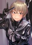  1girl blonde_hair bow eyebrows_visible_through_hair grey_eyes hair_between_eyes highres kilye_4421 latex looking_to_the_side original sailor_collar school_uniform short_hair smile solo v 