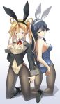  2girls abukuma_(kantai_collection) alternate_costume animal_ears black_footwear black_hair black_legwear blonde_hair blue_eyes blue_leotard blush breasts brown_eyes bunny_tail bunnysuit buttons detached_collar double_bun eyebrows_visible_through_hair fake_animal_ears gradient gradient_background hair_between_eyes hair_rings high_heels highres kantai_collection leotard long_hair long_sleeves medium_breasts multiple_girls negahami pantyhose rabbit_ears sideboob small_breasts tail ushio_(kantai_collection) yellow_leotard 